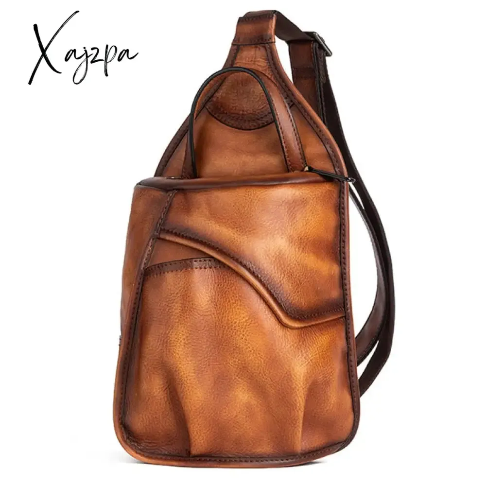 Xajzpa - Genuine Leather Sling Backpack Men Chest Cross body Bag Travel Retro Real Cowhide Messenger Single Side Bag Rucksack Knapsack