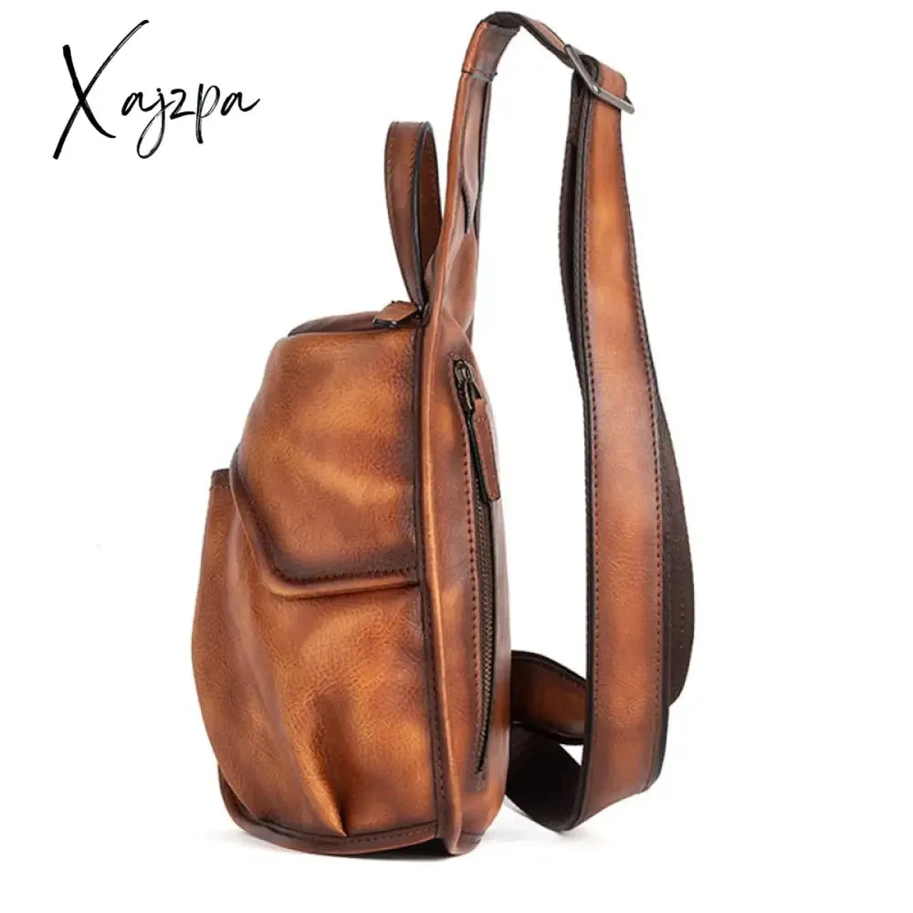 Xajzpa - Genuine Leather Sling Backpack Men Chest Cross body Bag Travel Retro Real Cowhide Messenger Single Side Bag Rucksack Knapsack