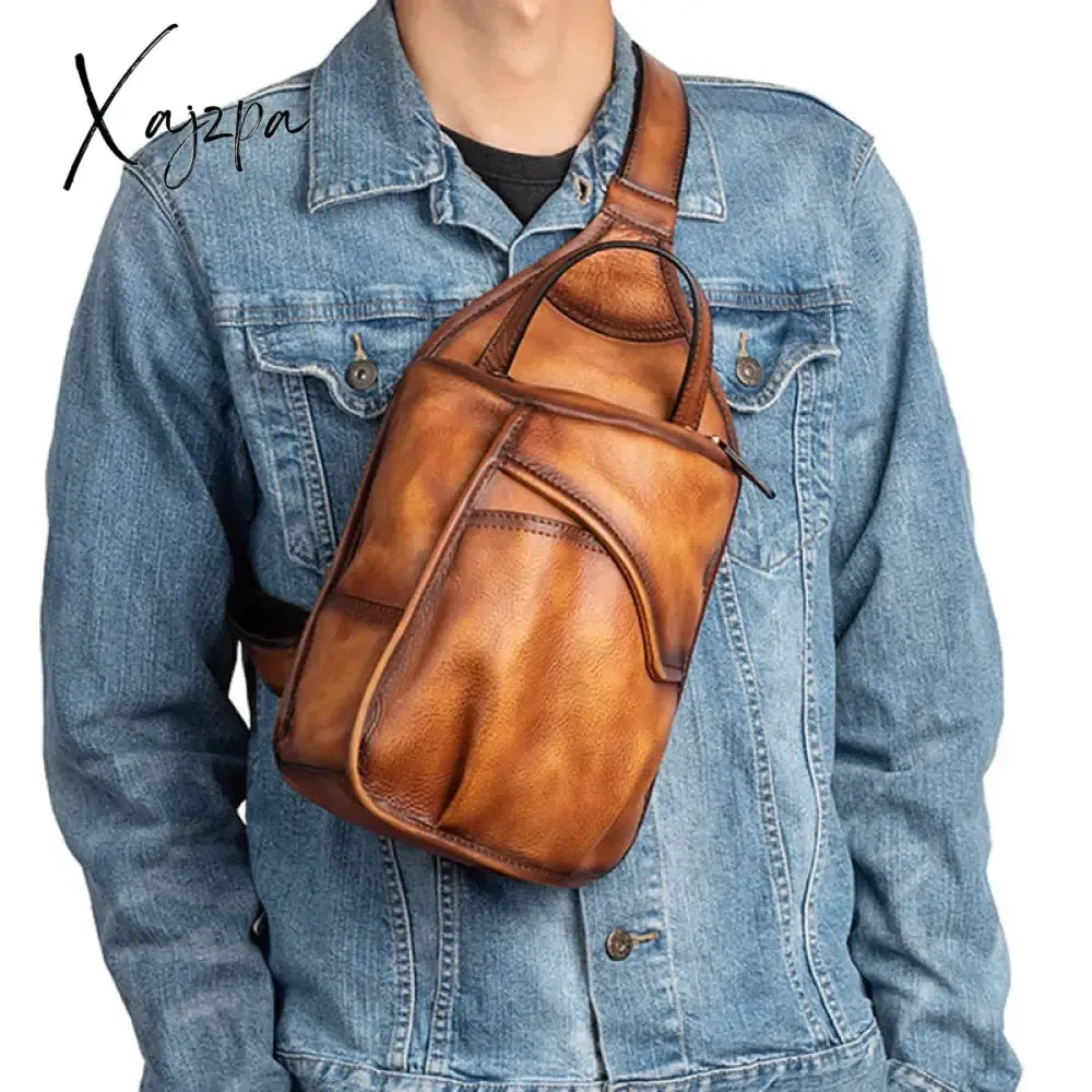 Xajzpa - Genuine Leather Sling Backpack Men Chest Cross body Bag Travel Retro Real Cowhide Messenger Single Side Bag Rucksack Knapsack