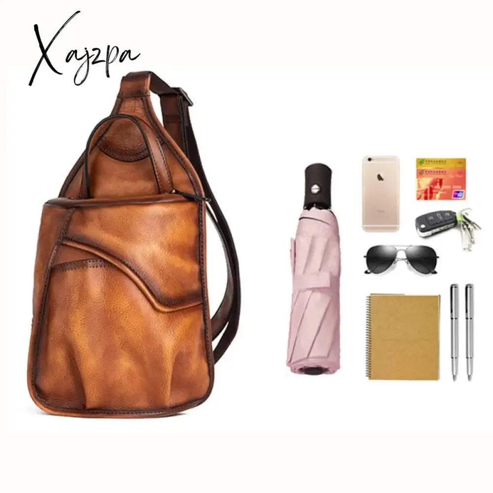 Xajzpa - Genuine Leather Sling Backpack Men Chest Cross body Bag Travel Retro Real Cowhide Messenger Single Side Bag Rucksack Knapsack