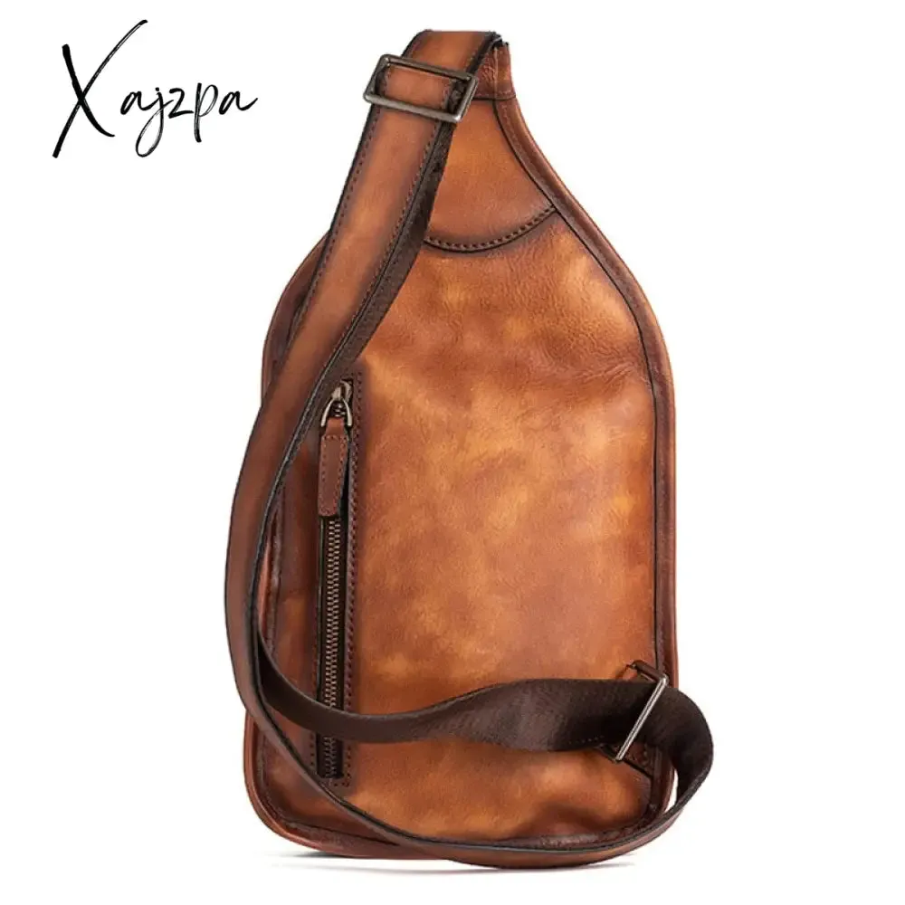 Xajzpa - Genuine Leather Sling Backpack Men Chest Cross body Bag Travel Retro Real Cowhide Messenger Single Side Bag Rucksack Knapsack