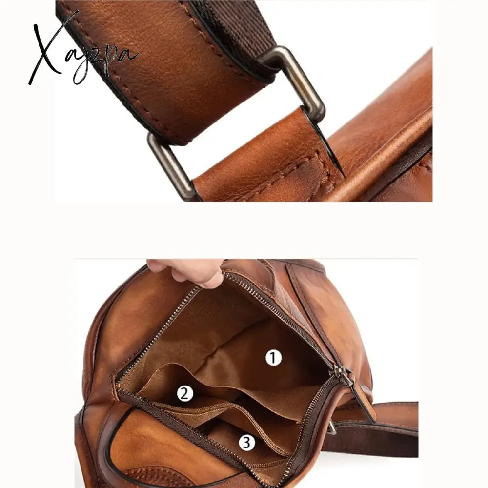 Xajzpa - Genuine Leather Sling Backpack Men Chest Cross body Bag Travel Retro Real Cowhide Messenger Single Side Bag Rucksack Knapsack