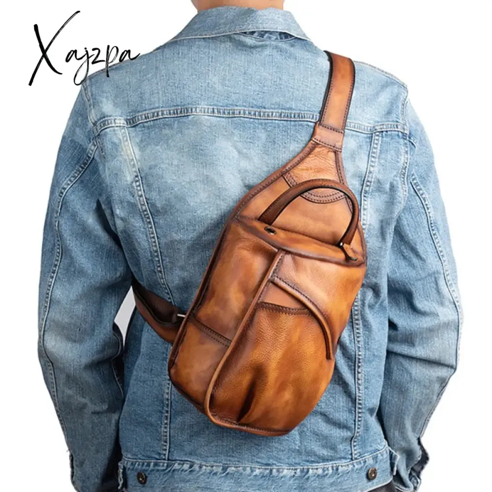 Xajzpa - Genuine Leather Sling Backpack Men Chest Cross body Bag Travel Retro Real Cowhide Messenger Single Side Bag Rucksack Knapsack